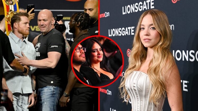 Split image of Dana White facing off Canelo vs. Crawford and Sydney Sweeney at Lionsgate event, overlay of Nina Drama at UFC event
