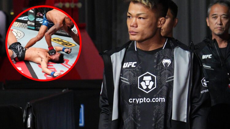 Toshiomi Kazama makes the walk to face Charalampos Grigoriou at the UFC Apex, inset Elijah Smith punches Kazama at UFC Vegas 109