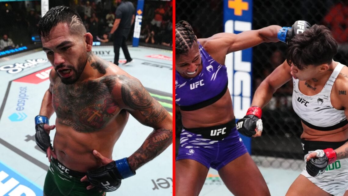Anthony Hernandez reacts after beating Roman Dolidze at UFC Vegas 109, Iasmin Lucindo punches Angela Lee