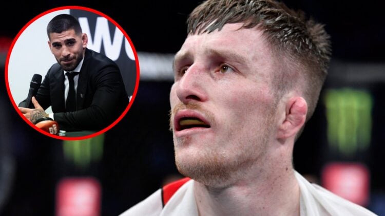 Brett Johns reacts after beating Tony Gravely at UFC Raleigh, inset Ilia Topuria speaks at a press conference at WOW 17 in Madrid