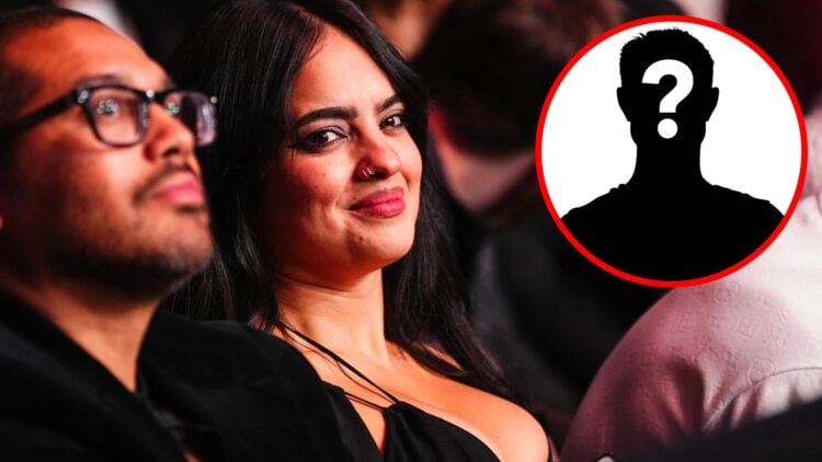 Nina Drama looks on while attending UFC 313 in Las Vegas, inset mystery icon