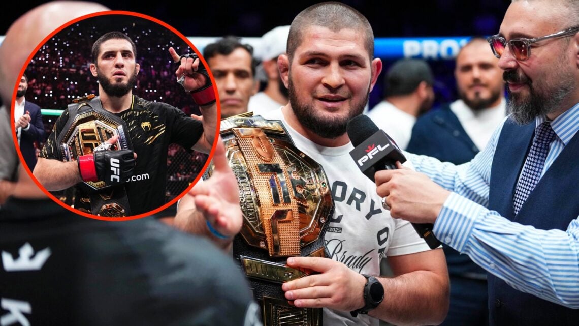 Khabib Nurmagomedov talks on the mic following PFL World Championship fight with an inset of Islam Makhachev celebrating his UFC 311 win