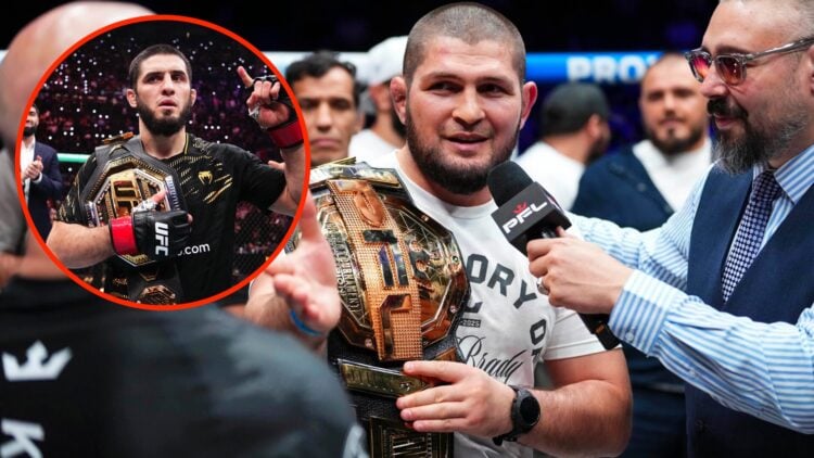 Khabib Nurmagomedov talks on the mic following PFL World Championship fight with an inset of Islam Makhachev celebrating his UFC 311 win