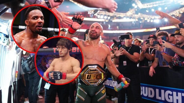 Main photo shows Alexander Volkanovski with his UFC title. Bubbles show Lerone Murphy (top) and Movsar Evloev (bottom) in the octagon