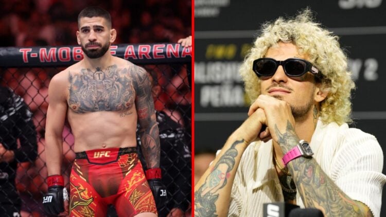 Split image of Ilia Topuria at UFC 317 and Sean O'Malley at UFC 316 press conference