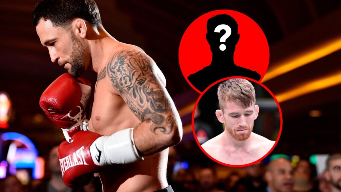 Frankie Edgar at UFC open workouts, overlay of Cory Sandhagen frowning, mystery inset