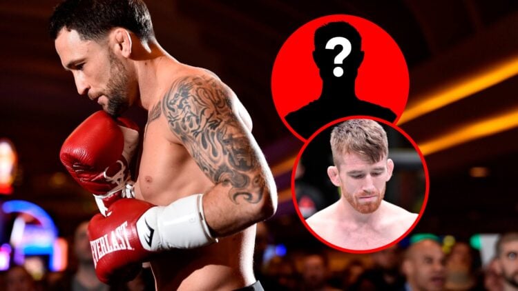 Frankie Edgar at UFC open workouts, overlay of Cory Sandhagen frowning, mystery inset