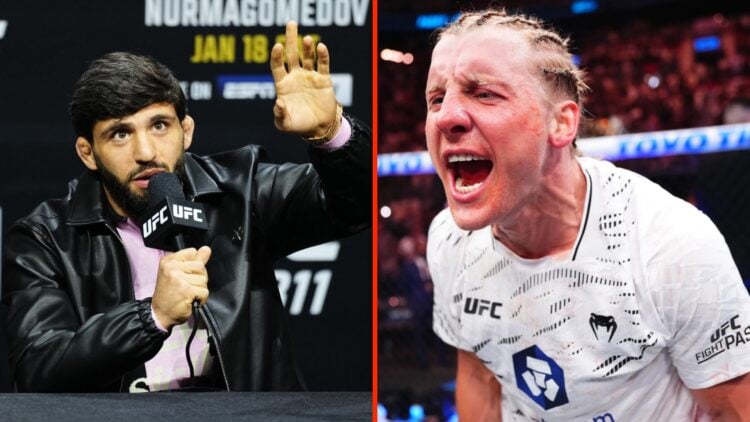 Arman Tsarukyan talks on the mic during UFC 311 press conference split with Paddy Pimblett shouting at the camera following his UFC 314 win
