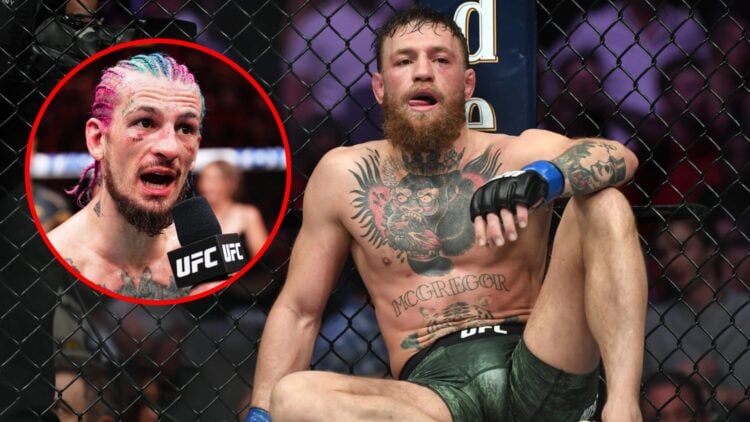 Main: Conor McGregor sits against the fence after being submitted by Khabib Nurmagomedov at UFC 229. Inset: Sean O'Malley is interviewed inside the...