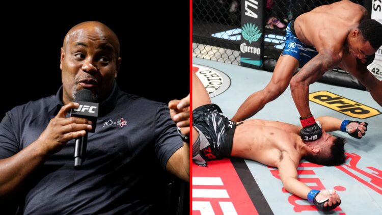 Split image of Daniel Cormier at UFC event, Toshiomi Kazama getting punched by Elijah Smith at UFC Vegas 109