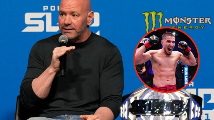 Dana White on stage next to the Power Slap title belt with an overlay of Baisangur Susurkaev celebrates after winning his debut on the Dana White C...