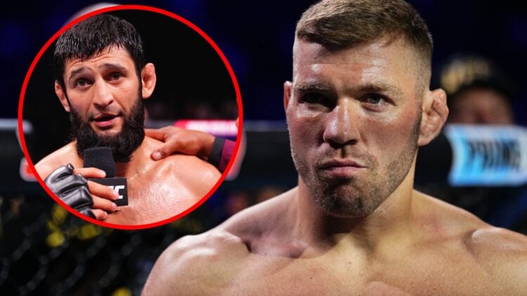 Dricus du Plessis prepares to fight at UFC 312, inset of Khamzat Chimaev speaking after his UFC 308 win.