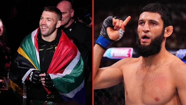 Dricus du Plessis walks to the Octagon for his main event fight at UFC 312 and Khamzat Chimaev enters the Octagon for his fight with Robert Whittak...