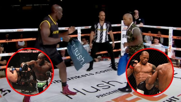 Main: Hector Lombard and Cheick Kongo compete in a pillow fight. Left Inset: Cheick Kongo punches Matt Mitrione during their fight at UFC 137. Righ...