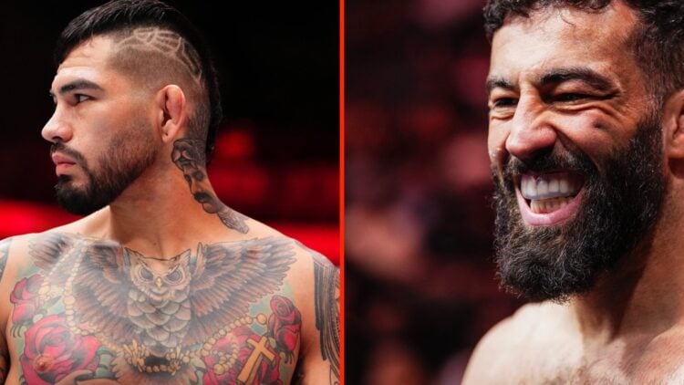 Roman Dilodze laughs in the octagon during his UFC 303 fight and Anthony Hernandez looks sideways in the octagon before his fight with Brandan Allen