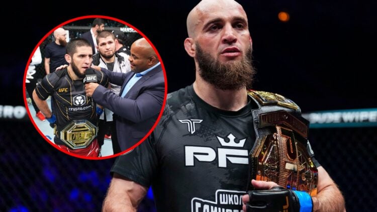 Main: Movlid Khaybulaev with the featherweight title on his shoulder after submitting Jesus Pinedo at the 2025 PFL World Tournament: Finals. Inset:...
