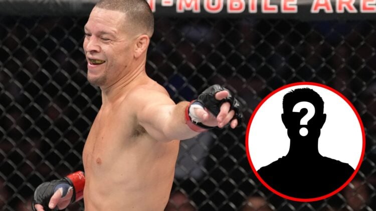 Nate Diaz points at Tony Ferguson (not pictured) during their UFC 279 fight, inset mystery icon