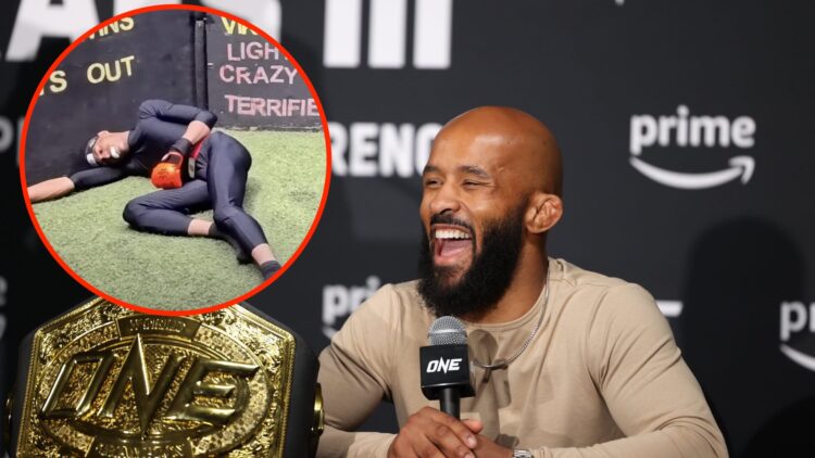 Demetrious Johnson speaking to the media following a One Championship event with an inset of Death Sentence after being KO'd during Street Beefs fight