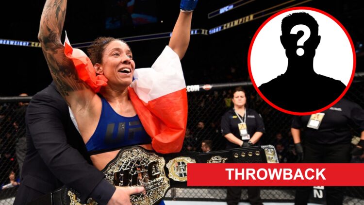 Germaine de Randamie celebrates after beating Holly Holm at UFC 208, inset mystery icon and throwback banner