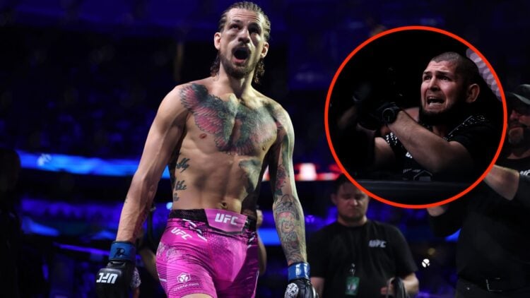 Sean O'Malley enters the Octagon for his UFC 316 fight against Merab Dvalishvili with an inset of Khabib Nurmagomedov cornering at UFC Baku