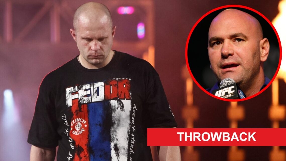 Fedor Emelianenko walks to the cage for his fight with Antonio Silva in Strikeforce, inset Dana White on stage at the UFC 167 press conference, thr...