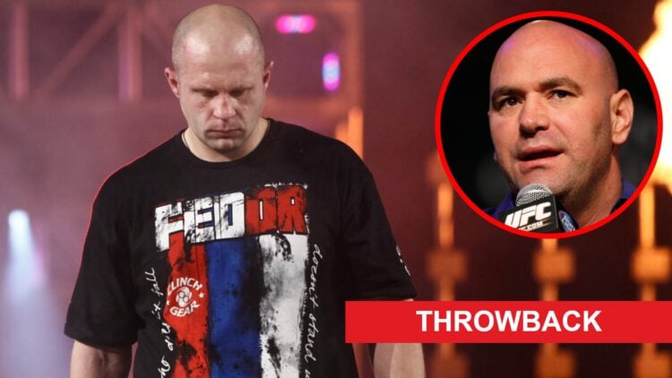 Fedor Emelianenko walks to the cage for his fight with Antonio Silva in Strikeforce, inset Dana White on stage at the UFC 167 press conference, thr...