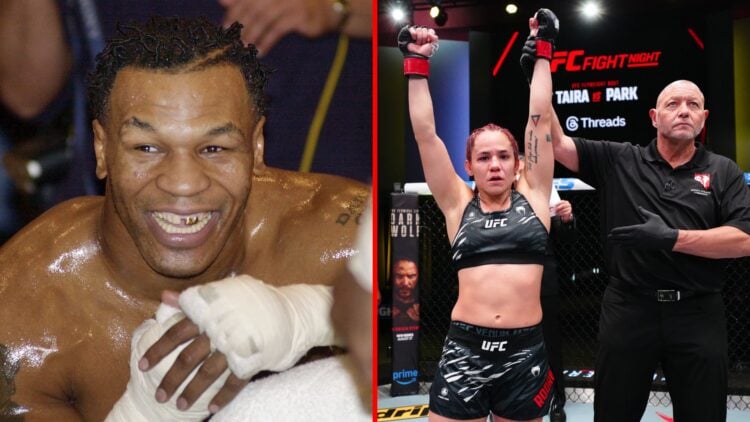 Split image of Mike Tyson in 2003, Piera Rodriguez at UFC Vegas 108