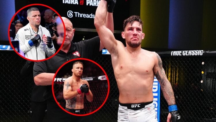Main: Esteban Ribovics celebrates after beating Elves Brener in their fight at UFC Vegas 108. Top Inset: Nate Diaz walks to the Octagon for his fig...