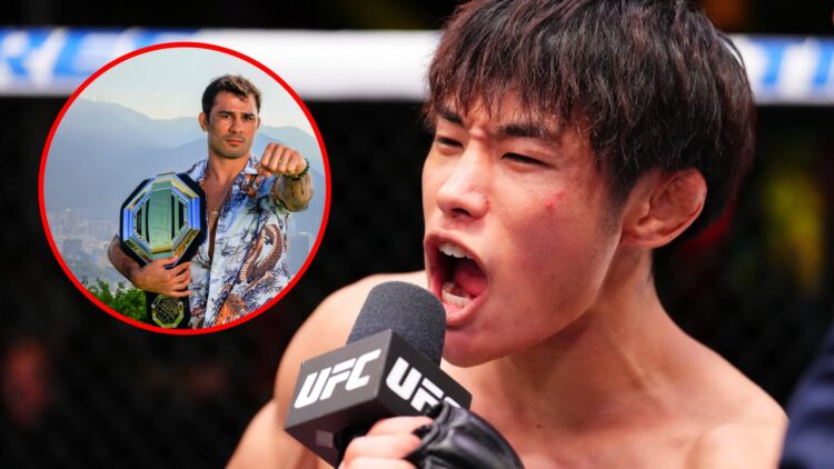 Main: Tatsuro Taira is interviewed after his win over Hyun Sung Park at UFC Vegas 108. Inset: Alexandre Pantoja poses with his UFC title in Rio de ...