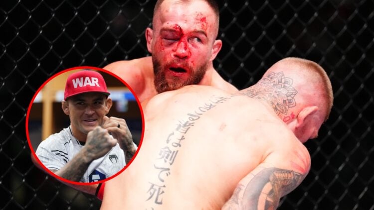 Main: Mateusz Rebecki and Chris Duncan during their fight at UFC Vegas 108. Inset: Dustin Poirier warms up backstage ahead of his fight against Isl...