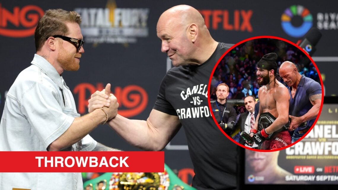 Main: Canelo Alvarez greets Dana White on stage at the press conference for the Mexican's fight against Terence Crawford. Inset: 'The Rock' wraps t...