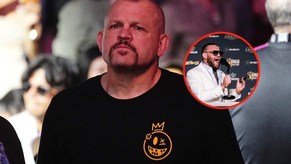 Center: Chuck Liddell in attendance at UFC 300 Insert: Conor McGregor shouting into a microphone at a BKFC press conference