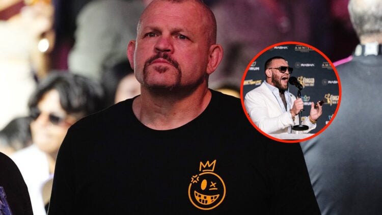 Center: Chuck Liddell in attendance at UFC 300 Insert: Conor McGregor shouting into a microphone at a BKFC press conference
