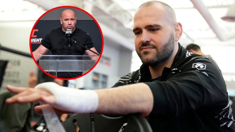 Main: Martin Buday has his hands wrapped ahead of fighting at UFC Vegas 105. Inset: Dana White speaks at a press conference for UFC Vegas 11.