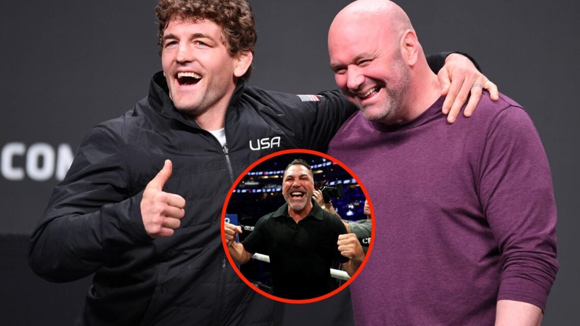 Center: Ben Askren and Dana White at a press conference in 2019 Insert: Oscar De La Hoya in the ring after Julio Cesar Chavez Jr.'s fight with Jake...
