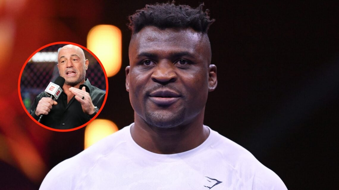 Insert: Joe Rogan speaks into the microphone during UFC 200 Center: Francis Ngannou during open workouts ahead of his fight against Tyson Fury