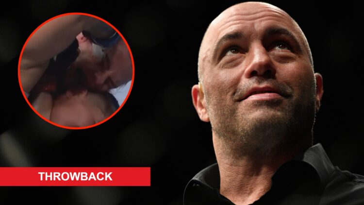 Joe Rogan enters the Octagon during the UFC 300 pay-per-view card, inset Priscila Cachoeira eye gouging Gillian Robertson