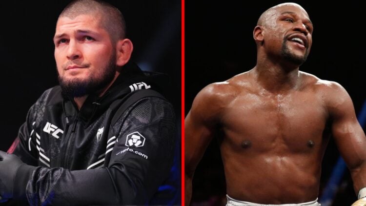 Khabib Nurmagomedov working as a coach at a UFC event, Floyd Mayweather in the ring for his fight with Andre Berto.