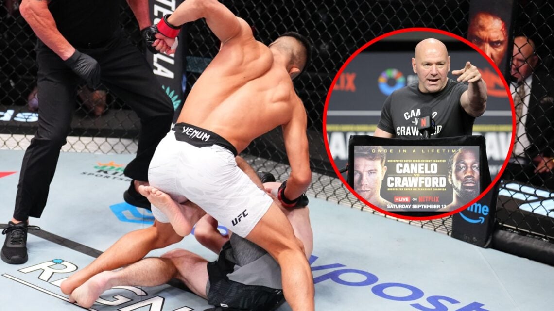 Main: Rinya Nakamura punches Nathan Fletcher on the ground during their fight at UFC Vegas 108. Inset: Dana White answers questions from the media ...