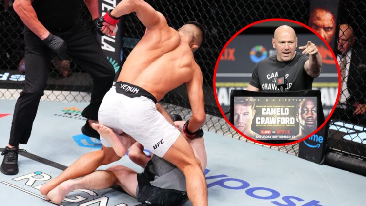 Main: Rinya Nakamura punches Nathan Fletcher on the ground during their fight at UFC Vegas 108. Inset: Dana White answers questions from the media ...