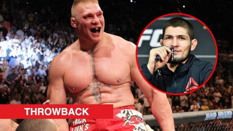 Main: Brock Lesnar celebrates his win over Shane Carwin at UFC 116. Inset: Khabib Nurmagomedov speaks on stage at the UFC 219 press conference.