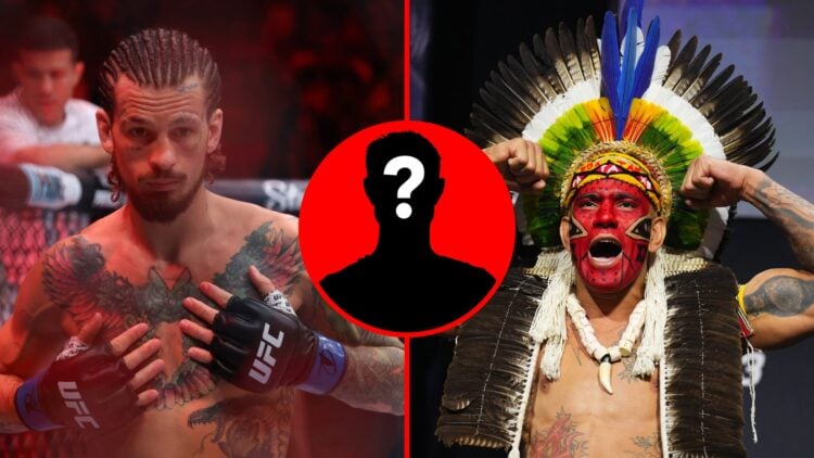 Split image of Sean O'Malley at UFC 316 and Alex Pereira at UFC 313 weigh-ins