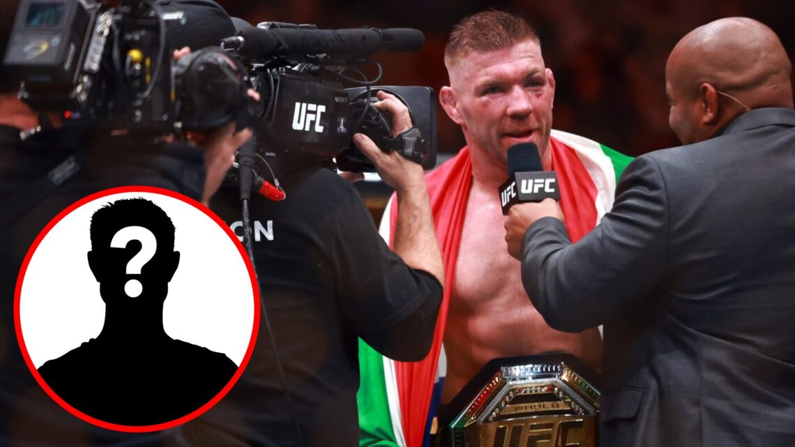 Dricus du Plessis speaks to Daniel Cormier after beating Sean Strickland at UFC 297, inset mystery icon