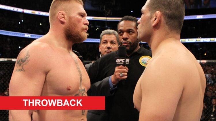 Brock Lesnar and Cain Velasquez face off at UFC 121, inset throwback banner