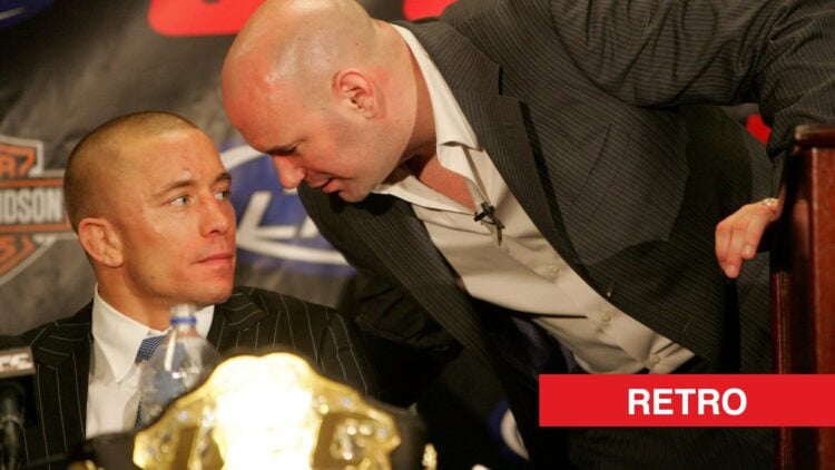 Dana White talks to Georges St-Pierre following his win at UFC 94