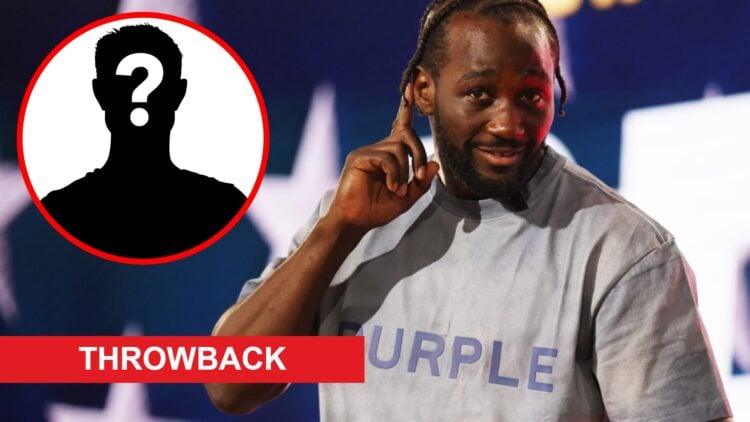 Terence Crawford gestures the crowd at a press conference at Fanatics Fest, inset mystery icon and throwback banner