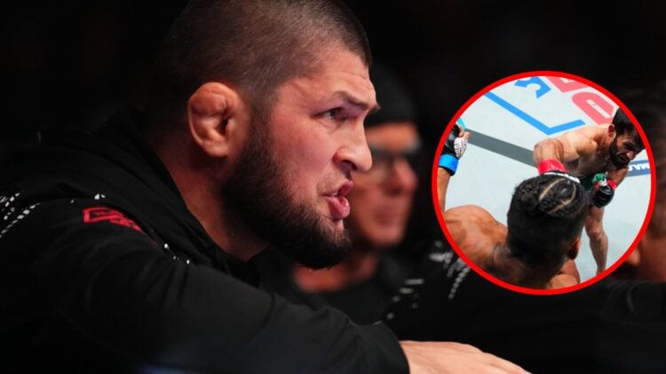 Khabib Nurmagomedov speaks from Umar Nurmagomedov's corner at UFC 311, inset Gadzhi Rabadanov punches Kevin Lee during the PFL 2025 World Tournamen...