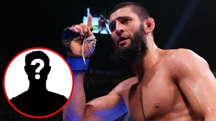 Khamzat Chimaev reacts after beating Kamaru Usman at UFC 294, inset mystery icon