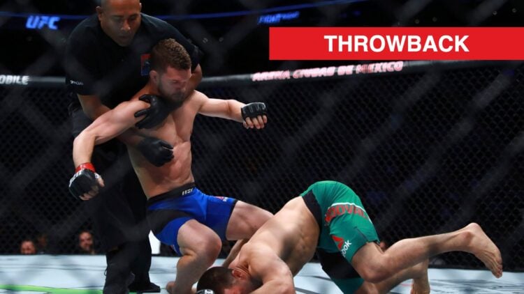 Dustin Ortiz is pulled away by the referee after knocking out Dustin Sandoval at UFC Mexico in 2018