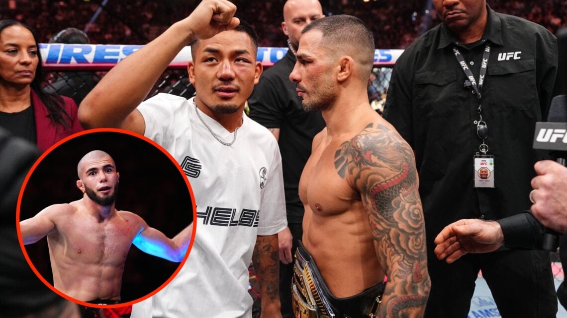 Joshua Van and Muhammad Mokaev face off at UFC 317 with an inset of Muhammad Mokaev celebrating his UFC 304 win
